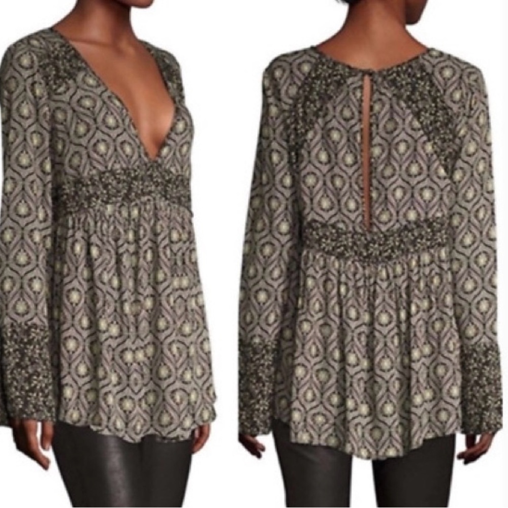 Free People Rolling Hills Tunic Top Black Cream Boho Size Medium